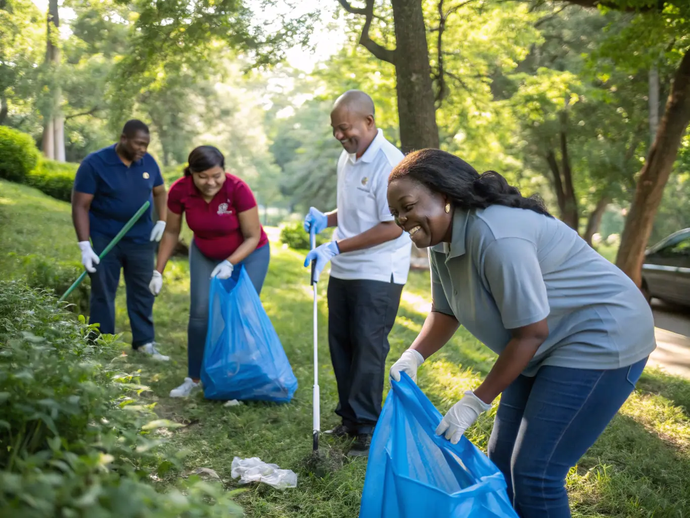 A photograph showcasing volunteers participating in a clean-up day around the Saint-Symphorien church, emphasizing community involvement and environmental stewardship.