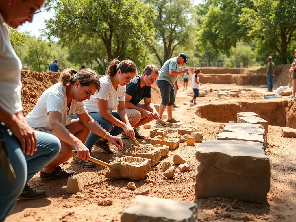 A photograph of volunteers working on a heritage site, carefully cleaning and preserving historical artifacts, with a focus on teamwork and dedication to conservation.