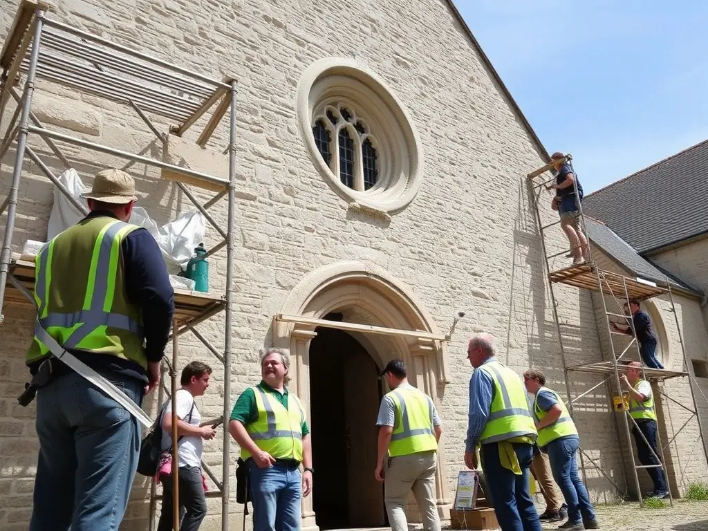 A photograph showcasing volunteers working on the restoration of a stained glass window inside the Saint-Symphorien church, highlighting the intricate details and the care taken in preserving this historical artwork.