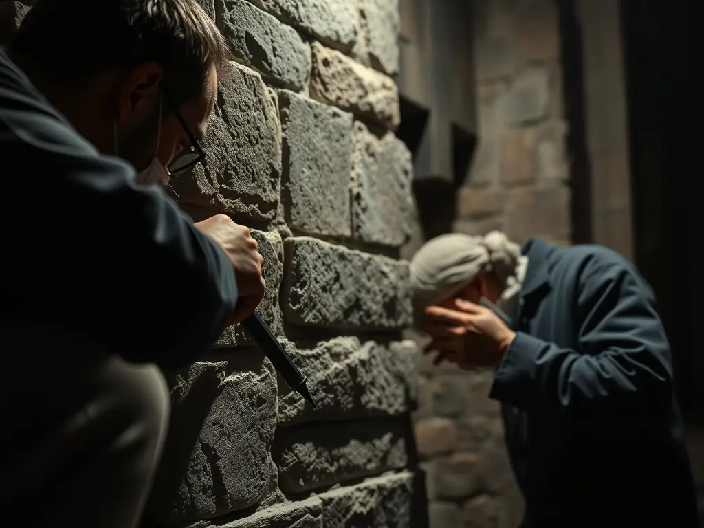 A photograph showcasing the meticulous restoration work being done on a section of the Saint-Symphorien church's facade, highlighting the intricate details and craftsmanship involved.