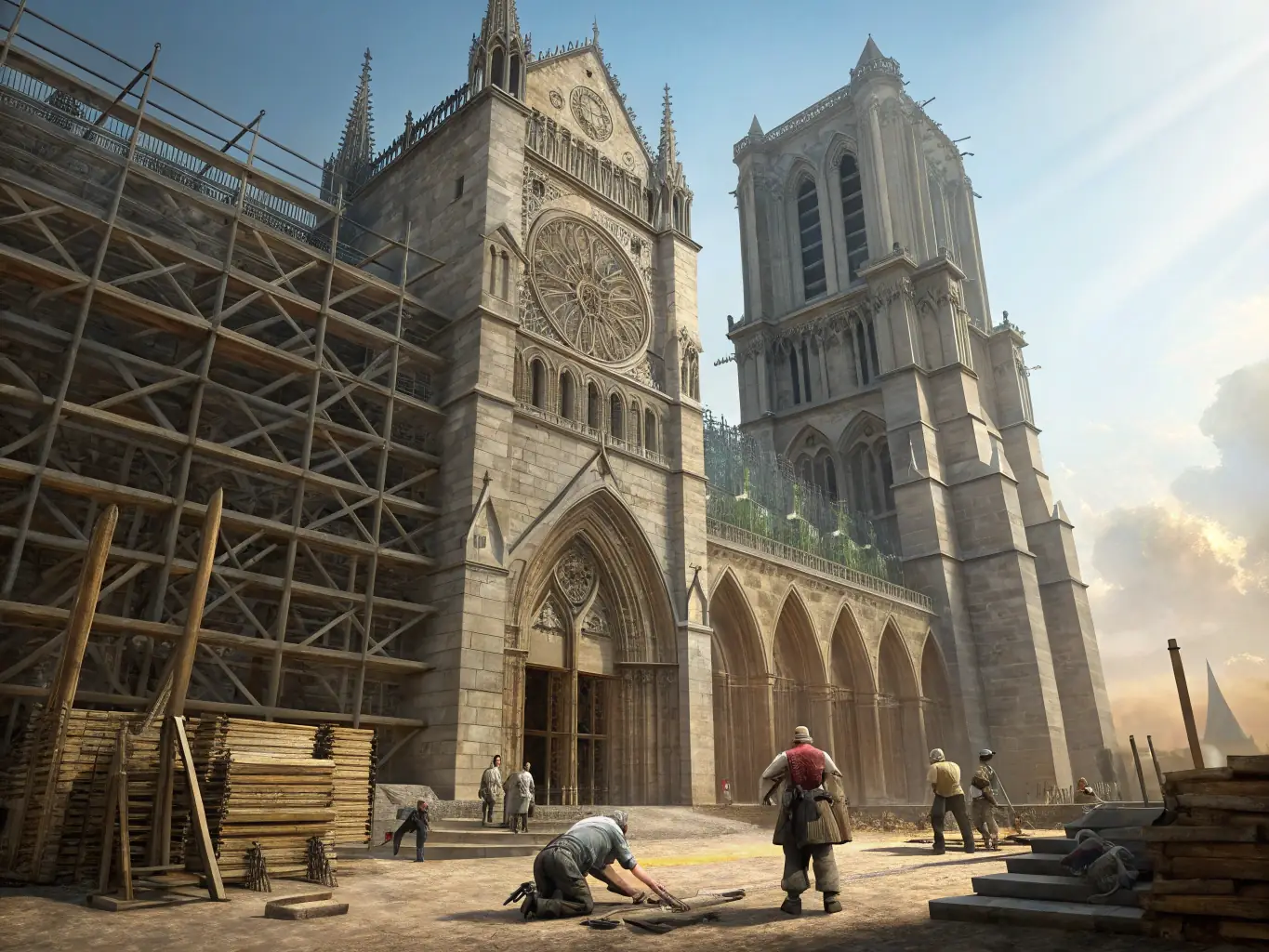 A detailed image of skilled craftsmen working on the restoration of the church's facade, highlighting the meticulous work involved in preserving historical architecture.